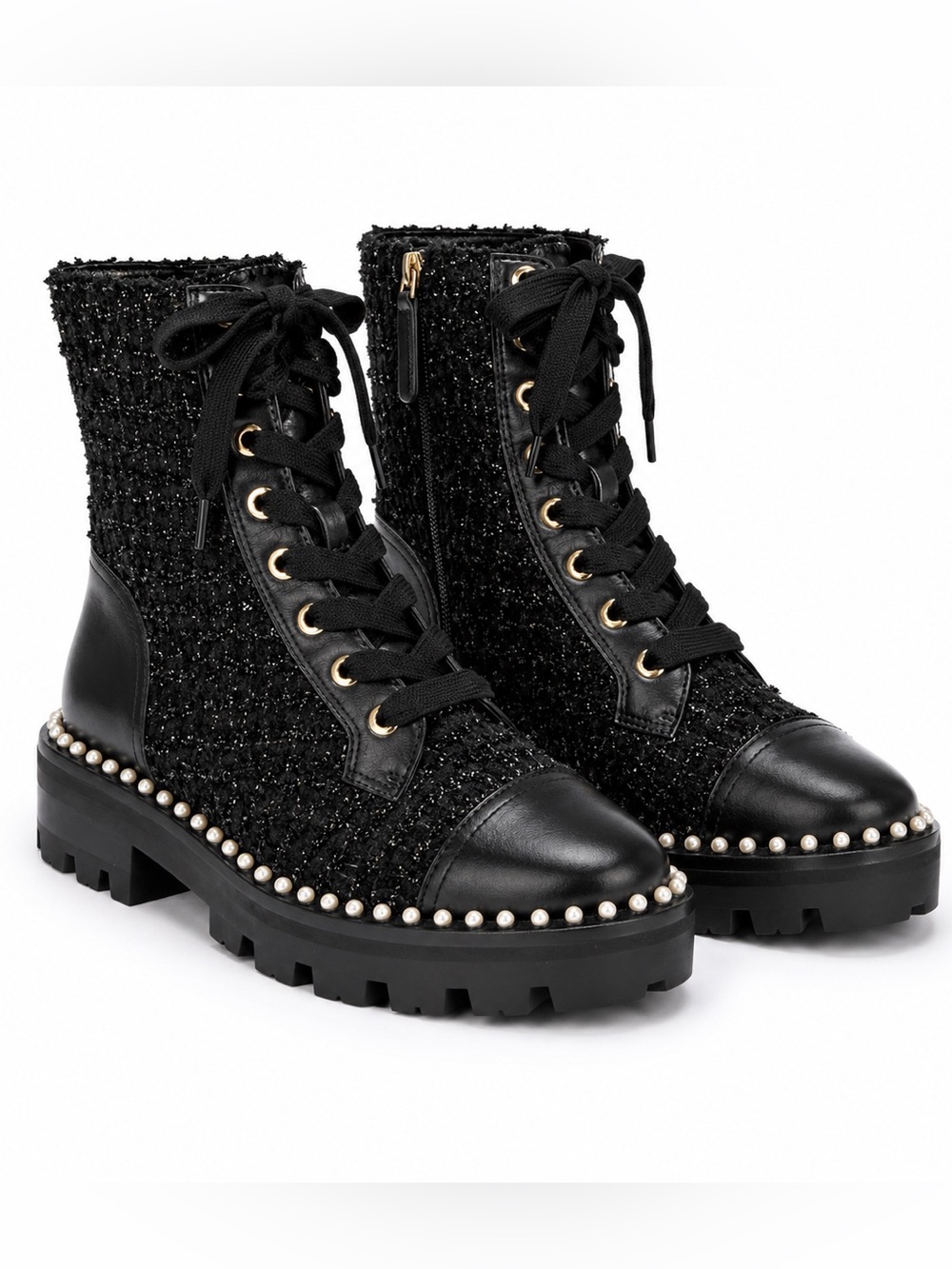 Kate Spade Merritt Pearl Lug Booties Black Tweed Size 9 Combat Boots